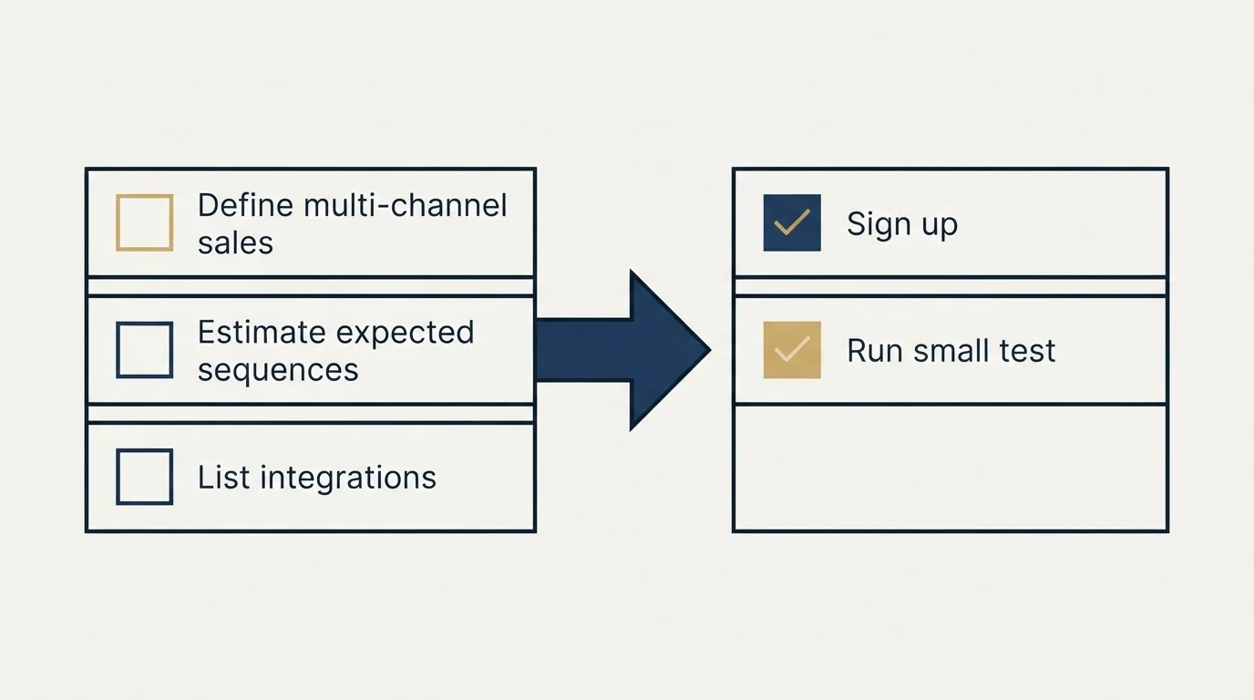 Before-and-after steps: Getting Started Checklist (Define multi-channel sales, Estimate expected sequences, List integrations, Sign up)