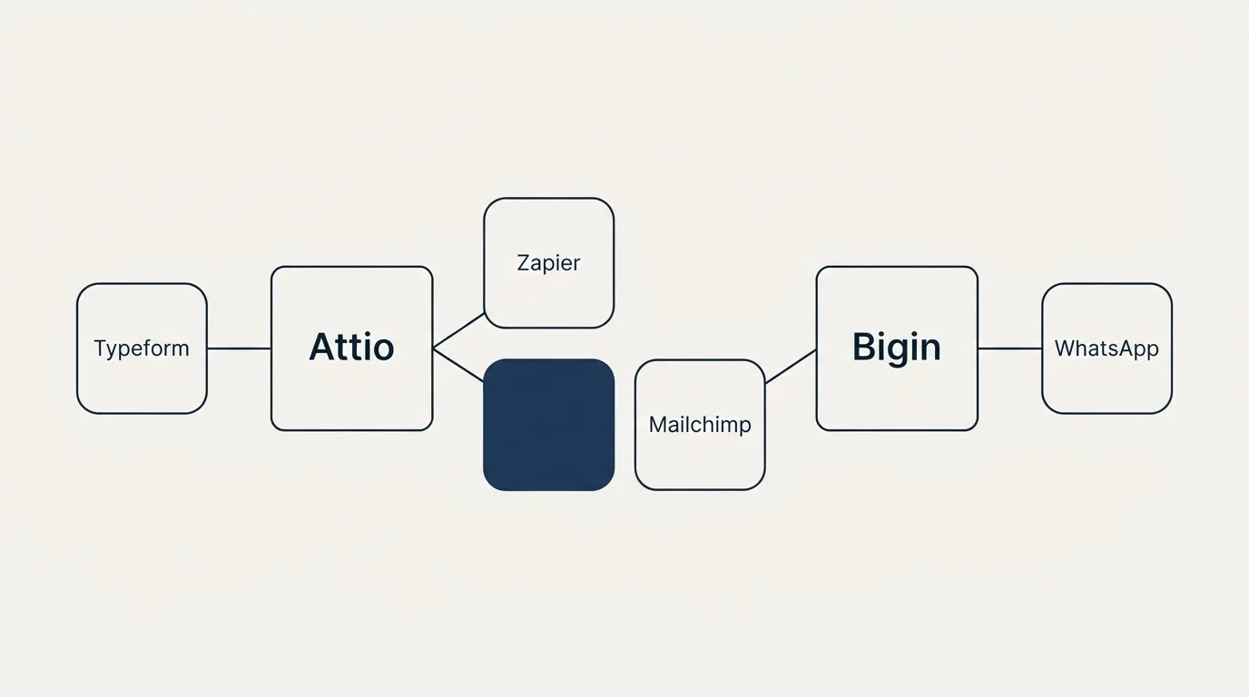 Integration schematic: Integration Ecosystem (Attio, Bigin, Zapier, Mailchimp)