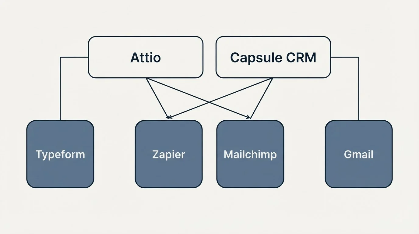 Integration grid: Integration Ecosystem (Attio, Capsule CRM, Zapier, Mailchimp)