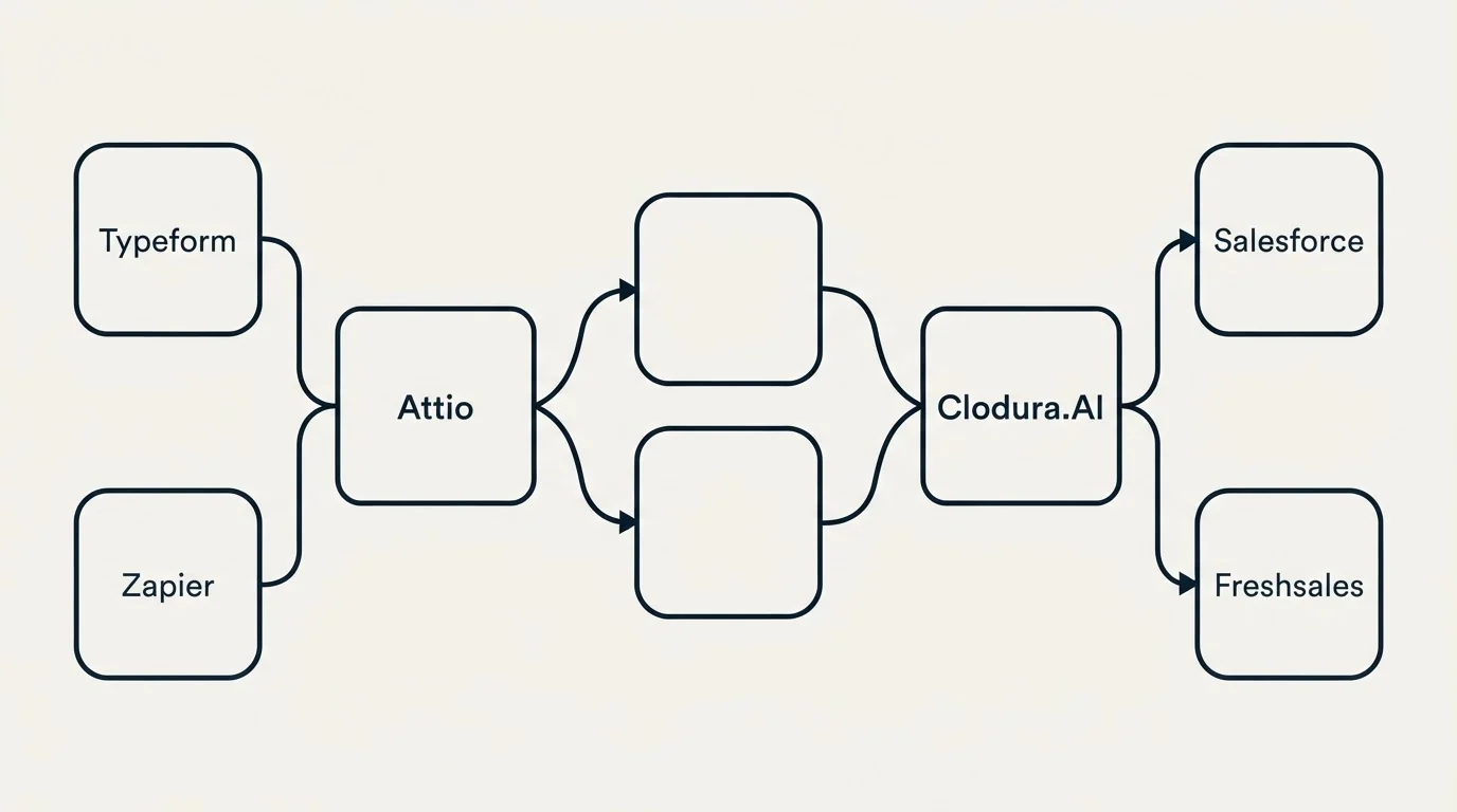 Integration schematic: Integration Ecosystem (Attio, Clodura.AI, Typeform, Salesforce)