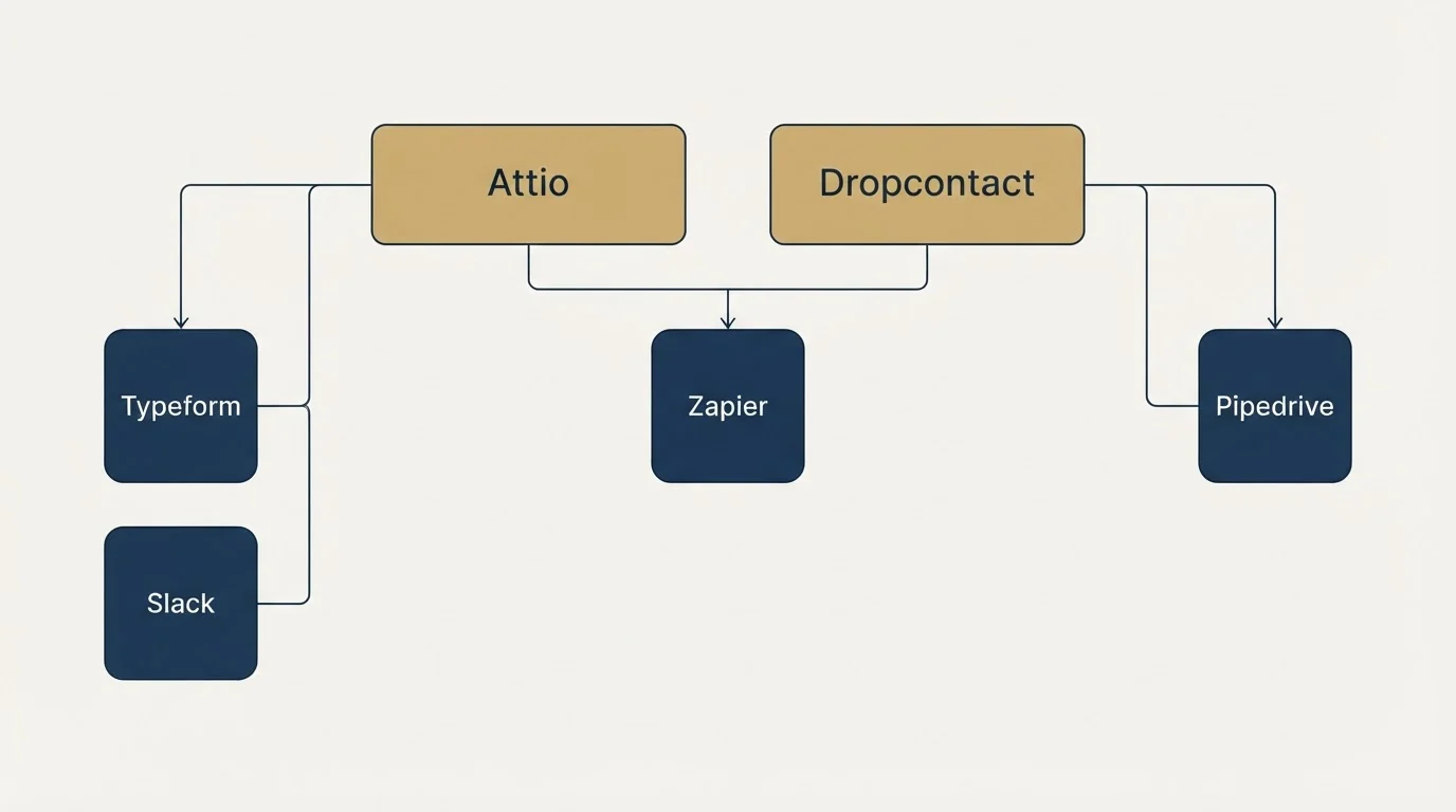 Integration grid: Integration Ecosystem (Attio, Dropcontact, Zapier, Typeform)