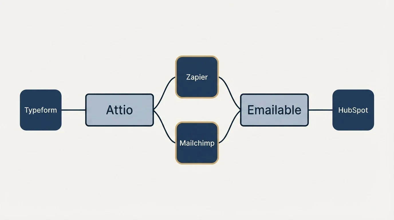 Integration schematic: Integration Ecosystem (Attio, Emailable, Zapier, Mailchimp)