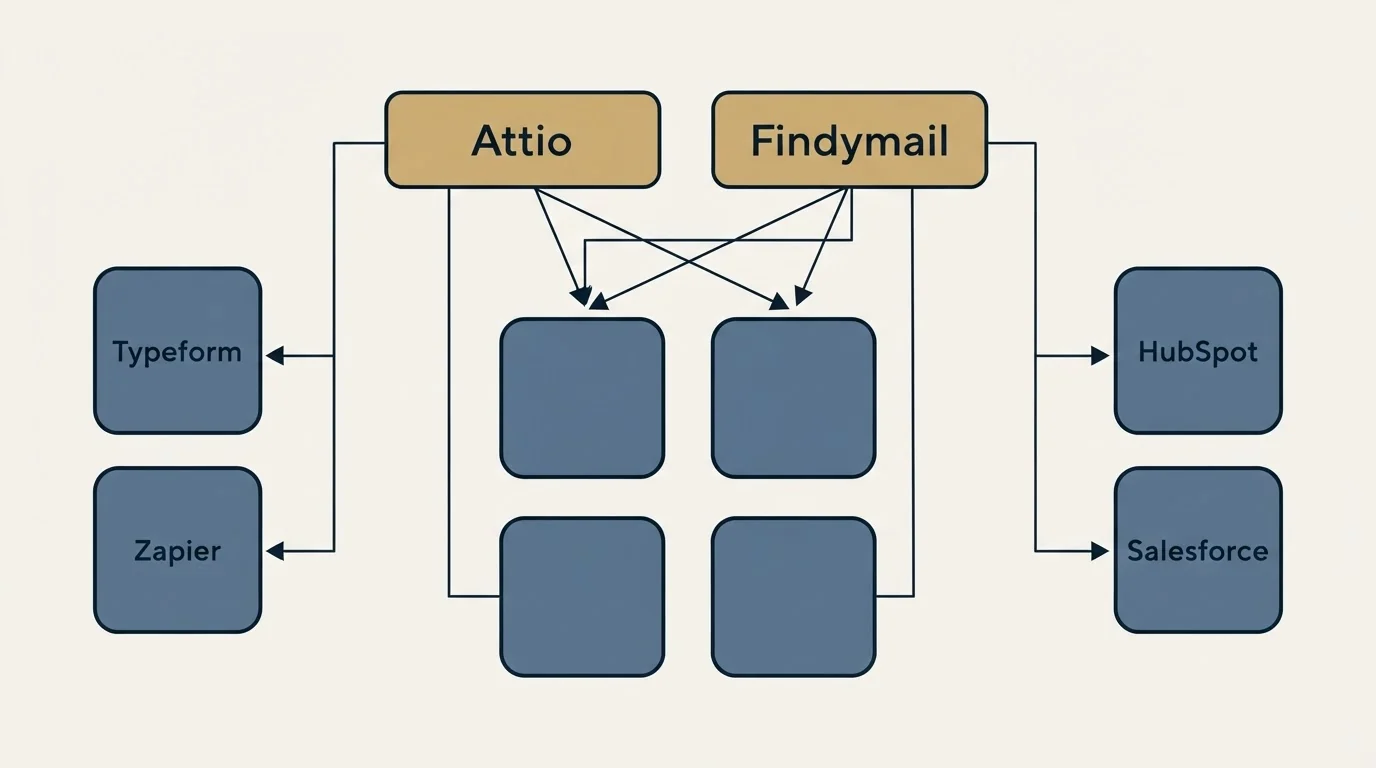 Integration grid: Integration Ecosystem (Attio, Findymail, Typeform, HubSpot)