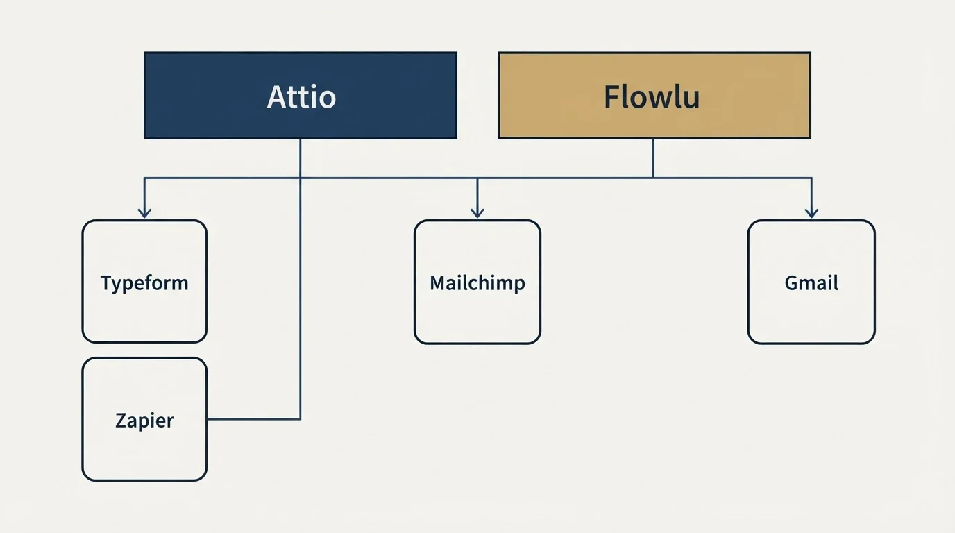 Integration grid: Integration Ecosystem (Attio, Flowlu, Mailchimp, Typeform)