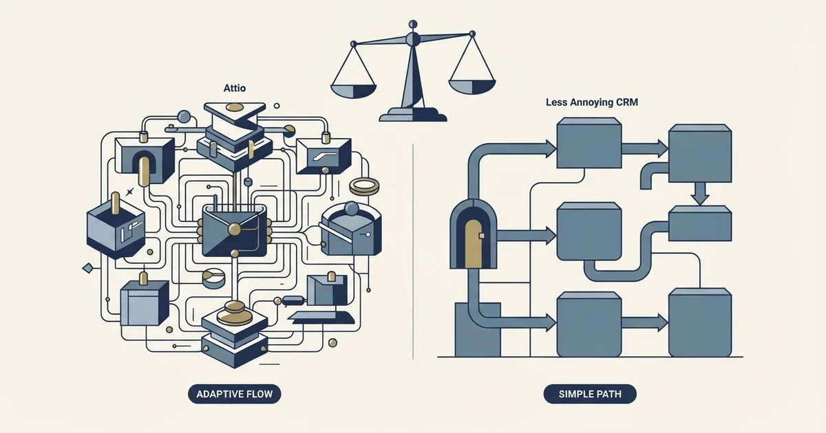 Editorial illustration for Attio vs Less Annoying CRM