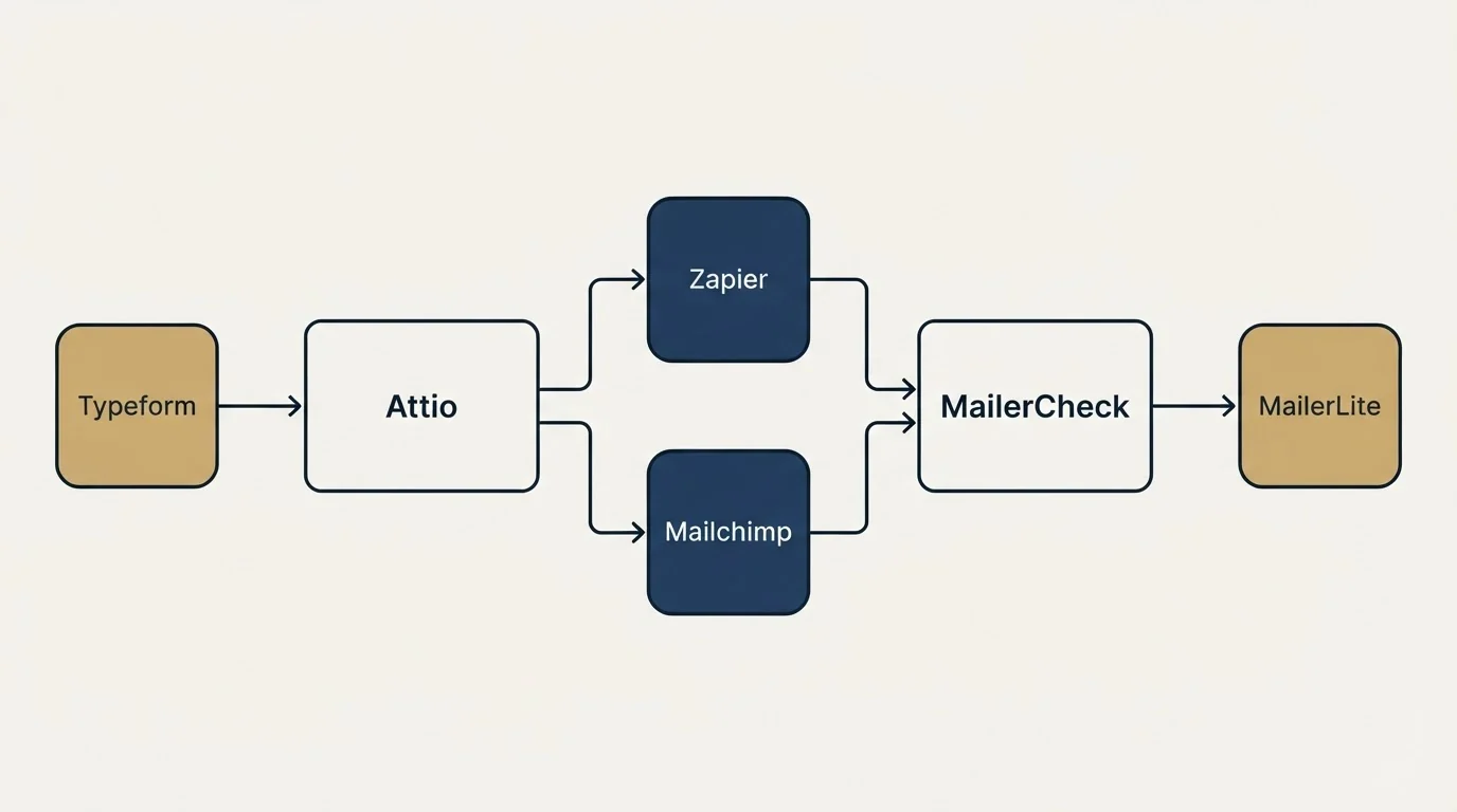 Integration flow: Integration Ecosystem (Attio, MailerCheck, Zapier, Mailchimp)