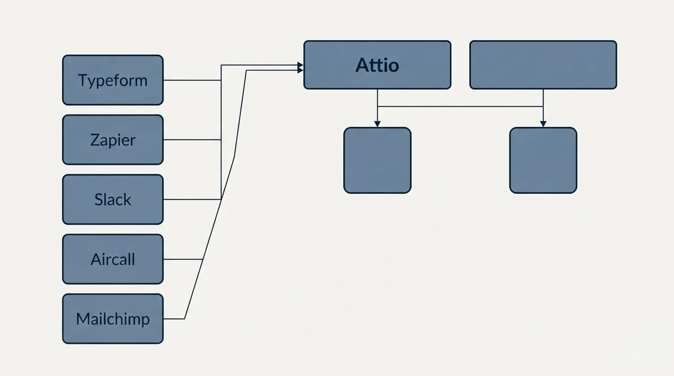 Integration grid: Integration Ecosystem (Attio, Typeform, Zapier, Slack)