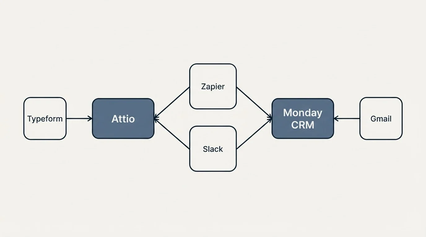 Integration schematic: Integration Ecosystem (Attio, Monday CRM, Zapier, Slack)