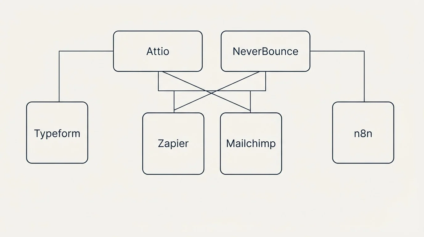 Integration grid: Integration Ecosystem (Attio, NeverBounce, Zapier, Mailchimp)