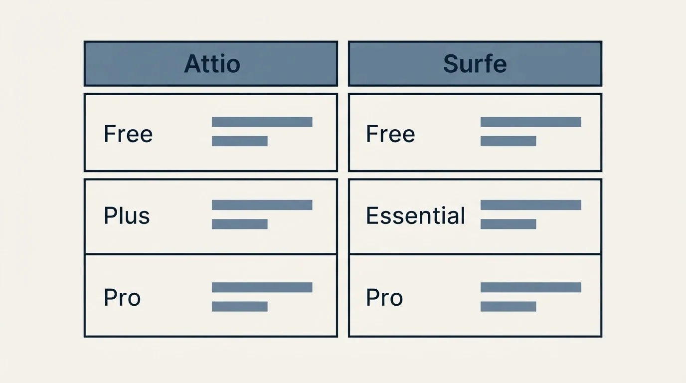 Pricing table: Pricing Comparison (Attio, Surfe, Free, Plus)