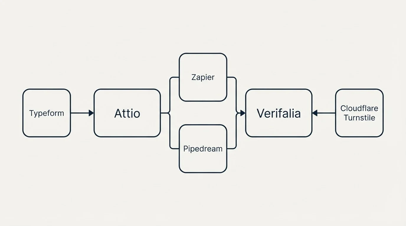 Integration flow: Integration Ecosystem (Attio, Verifalia, Zapier, Pipedream)