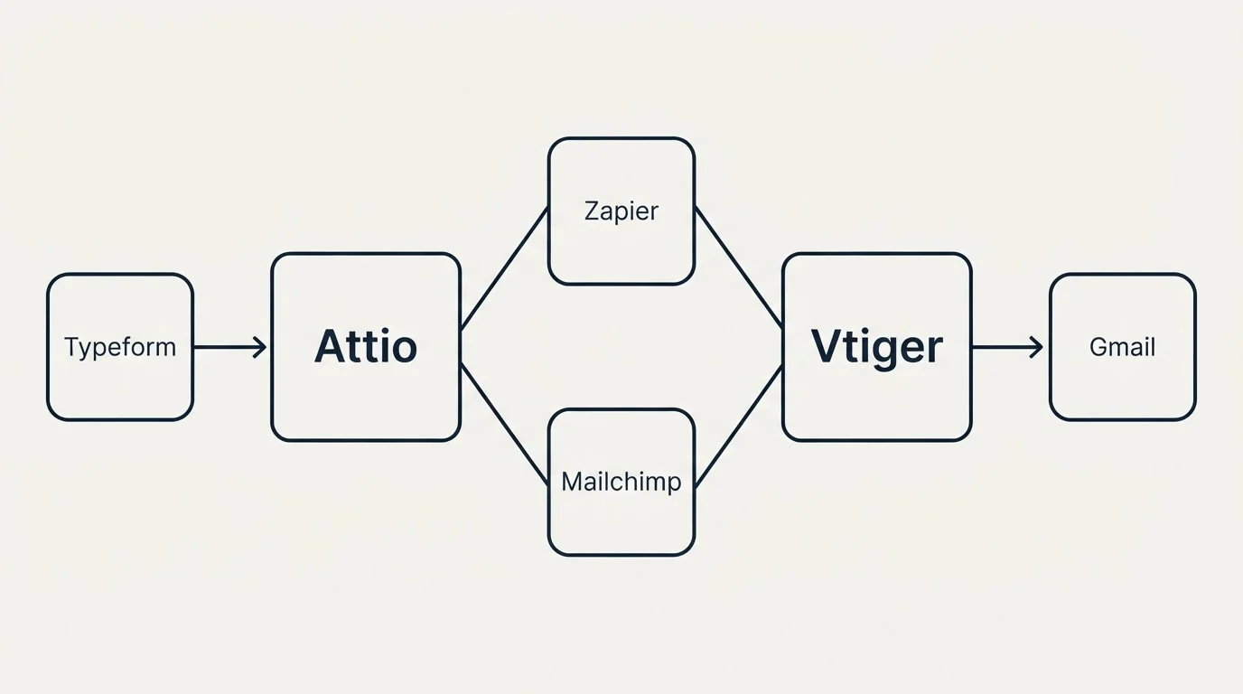 Integration schematic: Integration Ecosystem (Attio, Vtiger, Zapier, Mailchimp)