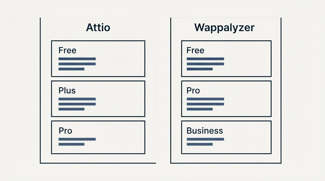 Pricing panels: Pricing Comparison (Attio, Wappalyzer, Free, Plus)
