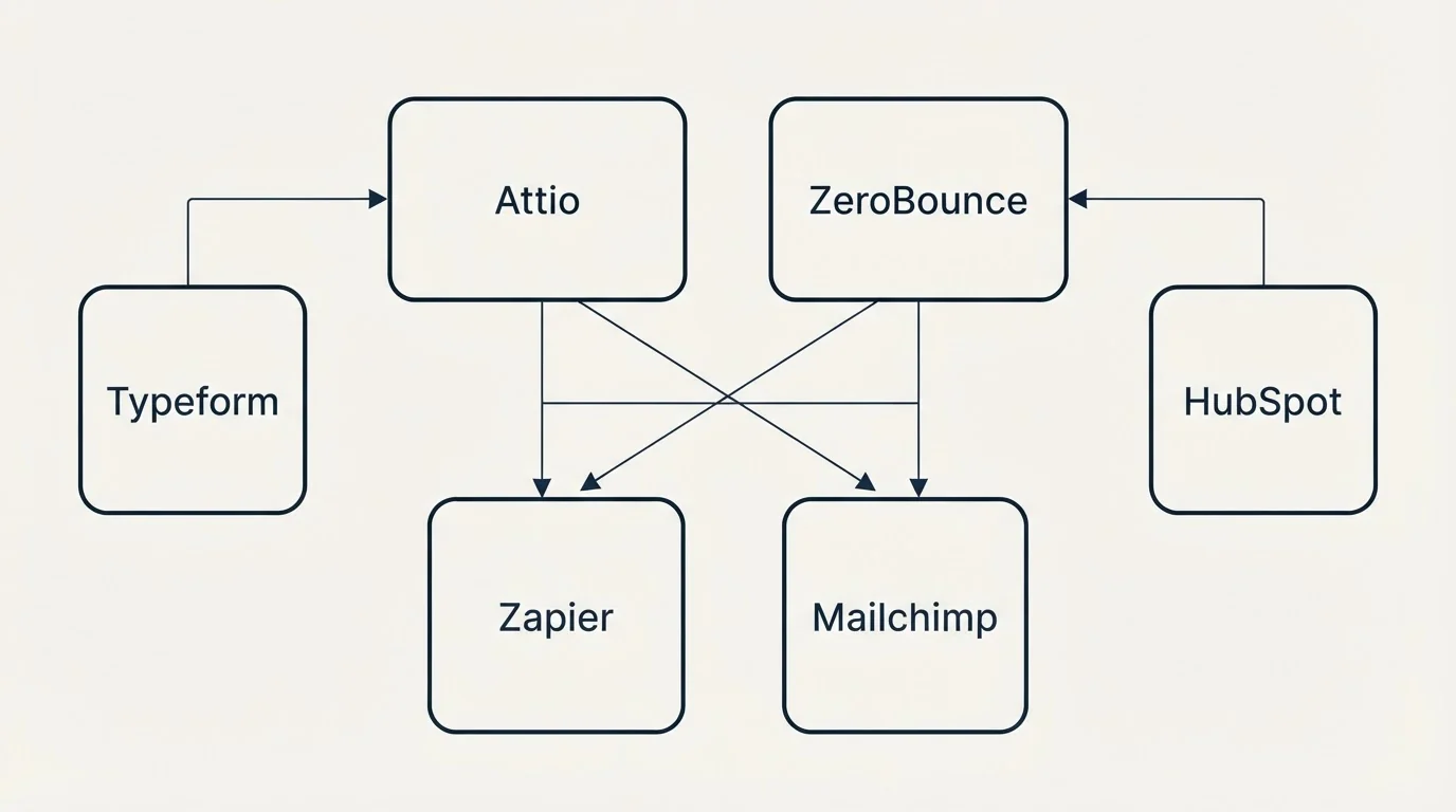 Integration grid: Integration Ecosystem (Attio, ZeroBounce, Zapier, Mailchimp)