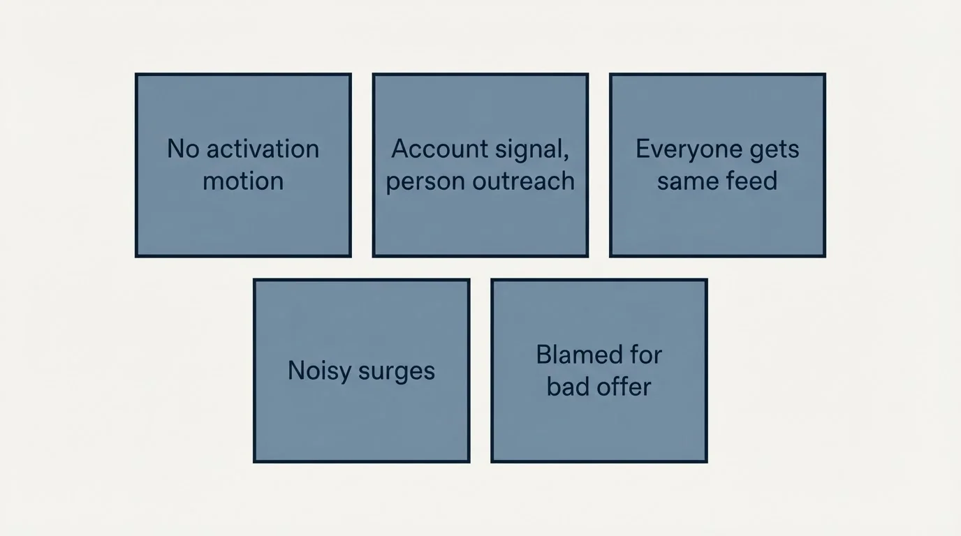 Schematic: Why intent data disappoints (No activation motion, Account signal, person outreach, Everyone gets same feed, Noisy surges)