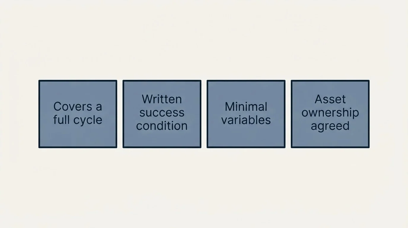 Schematic: Designing a pilot that tells you something (Covers a full cycle, Written success condition, Minimal variables, Asset ownership agreed)