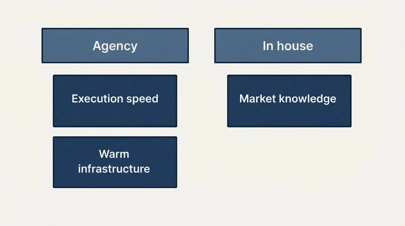 Schematic: Where an agency genuinely beats in house (Agency, Execution speed, Warm infrastructure, In house)