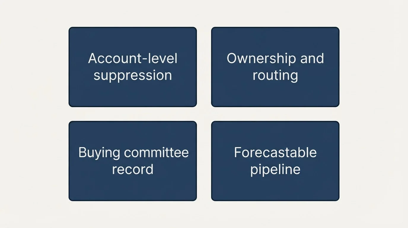 Schematic: What a B2B outbound team loses by buying one (Account-level suppression, Ownership and routing, Buying committee record, Forecastable pipeline)