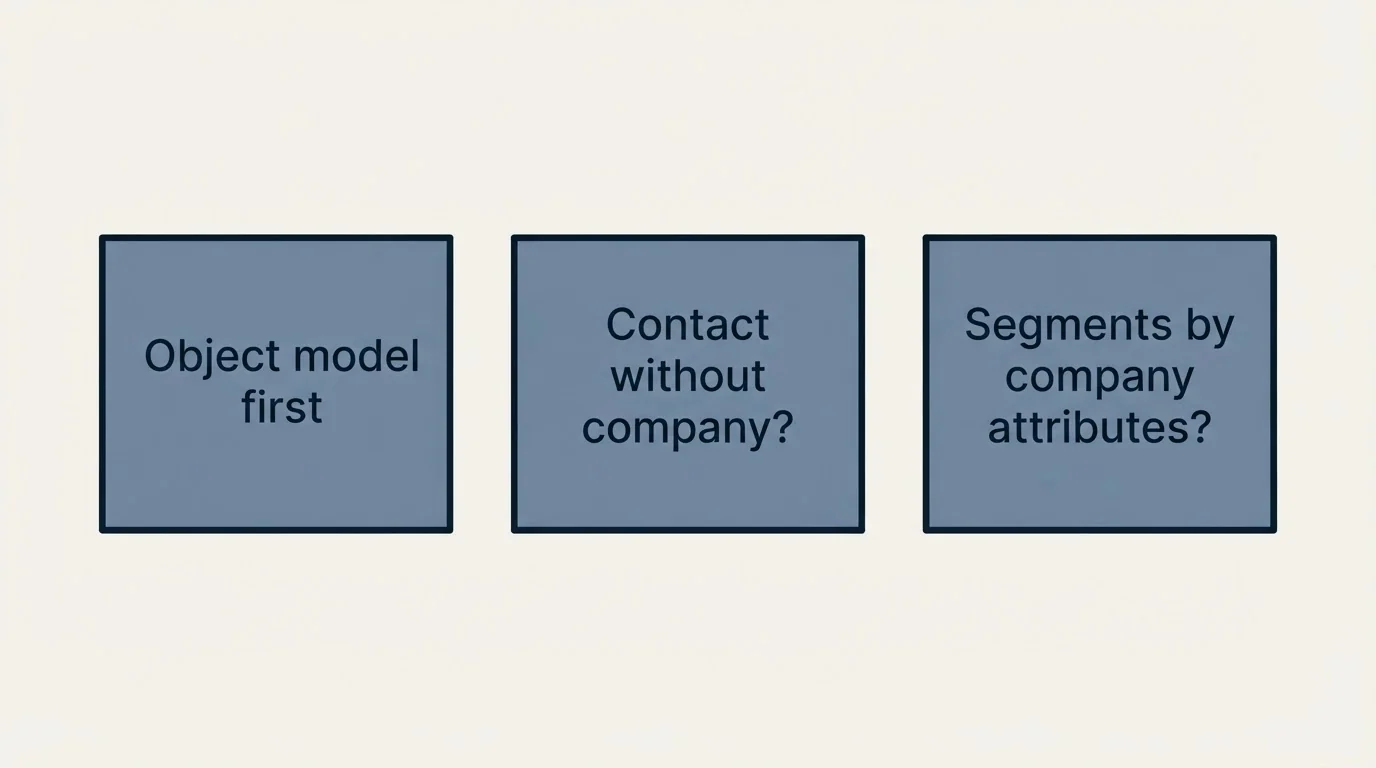 Schematic: Choosing between them (Object model first, Contact without company?, Segments by company attributes?)