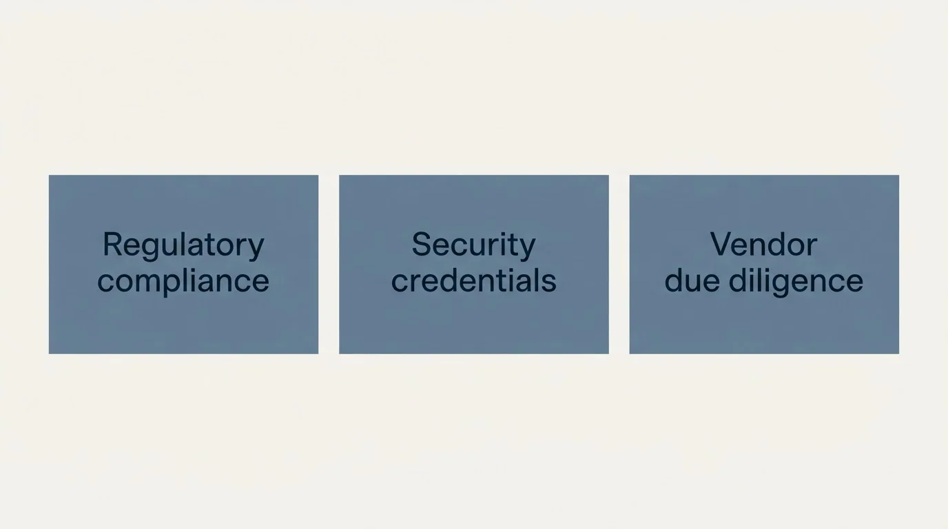 Schematic: Regulatory and Security Considerations (Regulatory compliance, Security credentials, Vendor due diligence)