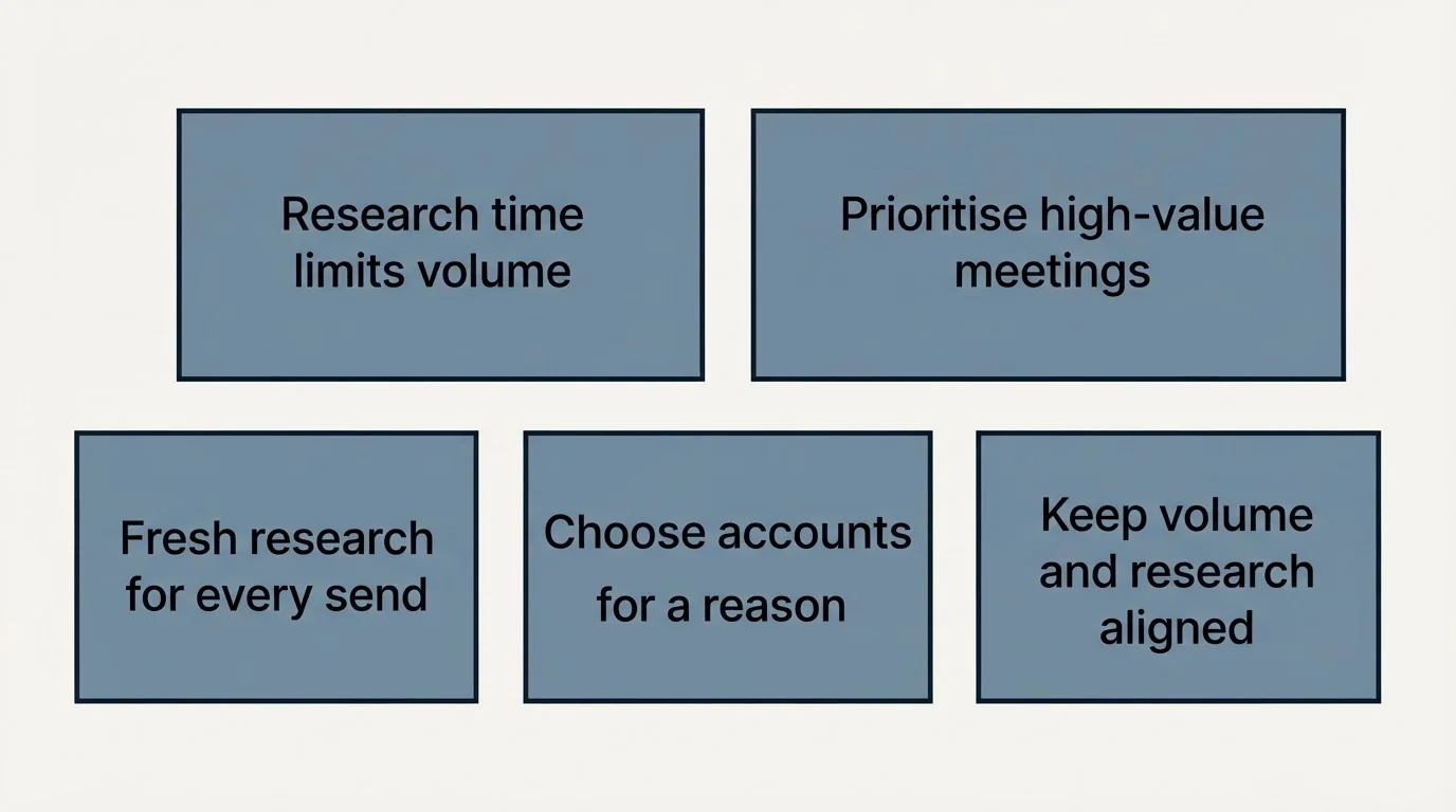Schematic: Why it matters to a sending programme (Research time limits volume, Prioritise high-value meetings, Fresh research for every send, Choose accounts for a reason)
