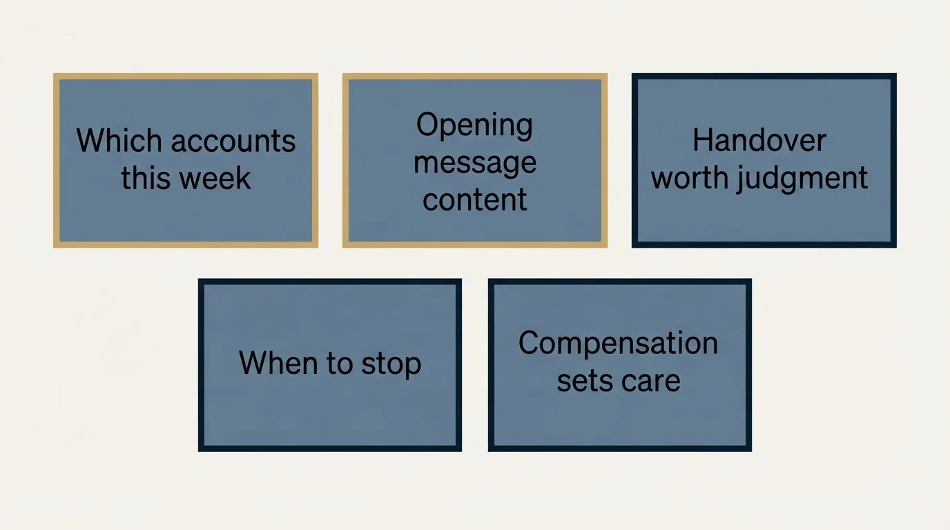 Schematic: What the seat actually owns (Which accounts this week, Opening message content, Handover worth judgment, When to stop)