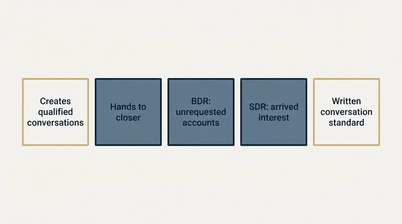 Schematic: The short version (Creates qualified conversations, Hands to closer, BDR: unrequested accounts, SDR: arrived interest)