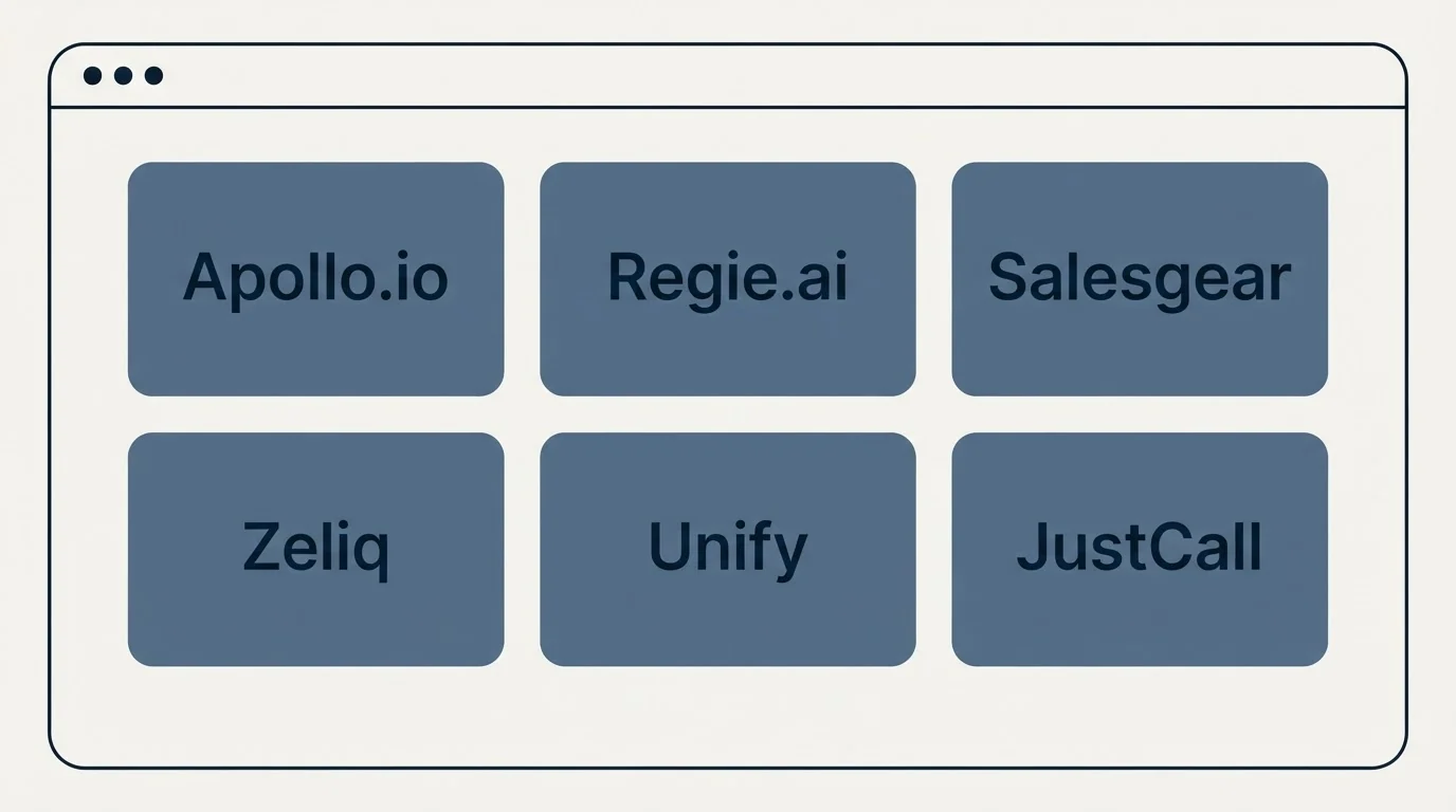 Feature grid: Top Alternatives (Apollo.io, Regie.ai, Salesgear, Zeliq)
