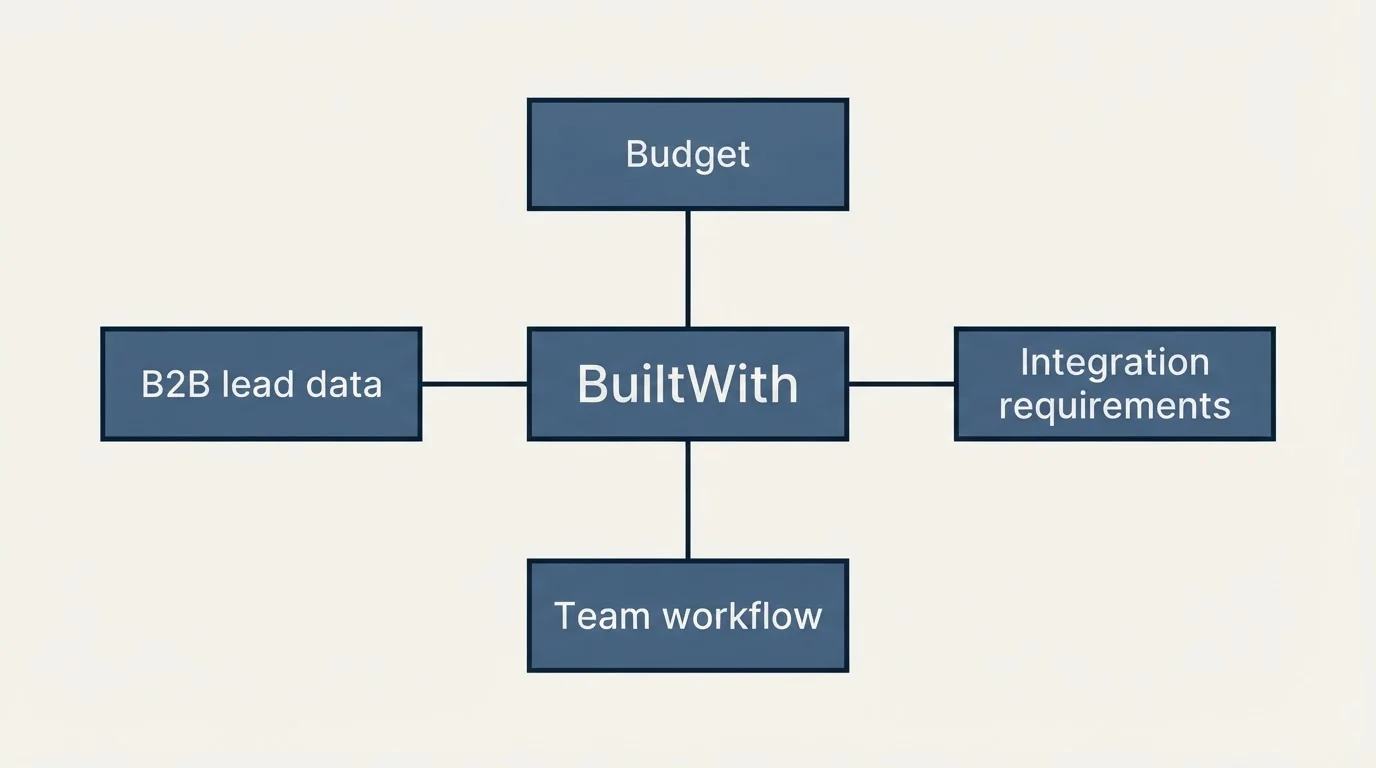 Schematic: How to Choose the Right Alternative (BuiltWith, Budget, B2B lead data, Integration requirements)