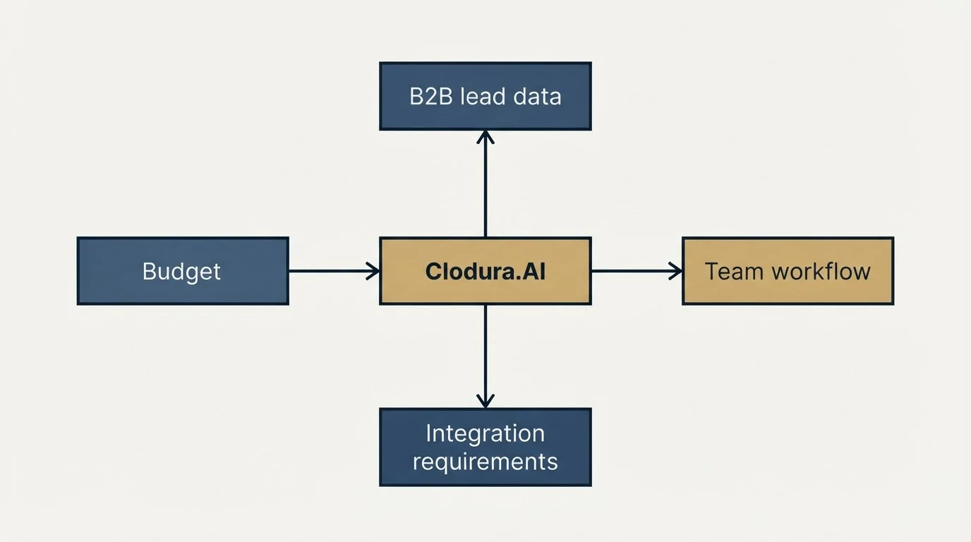 Schematic: How to Choose the Right Alternative (Clodura.AI, Budget, B2B lead data, Integration requirements)