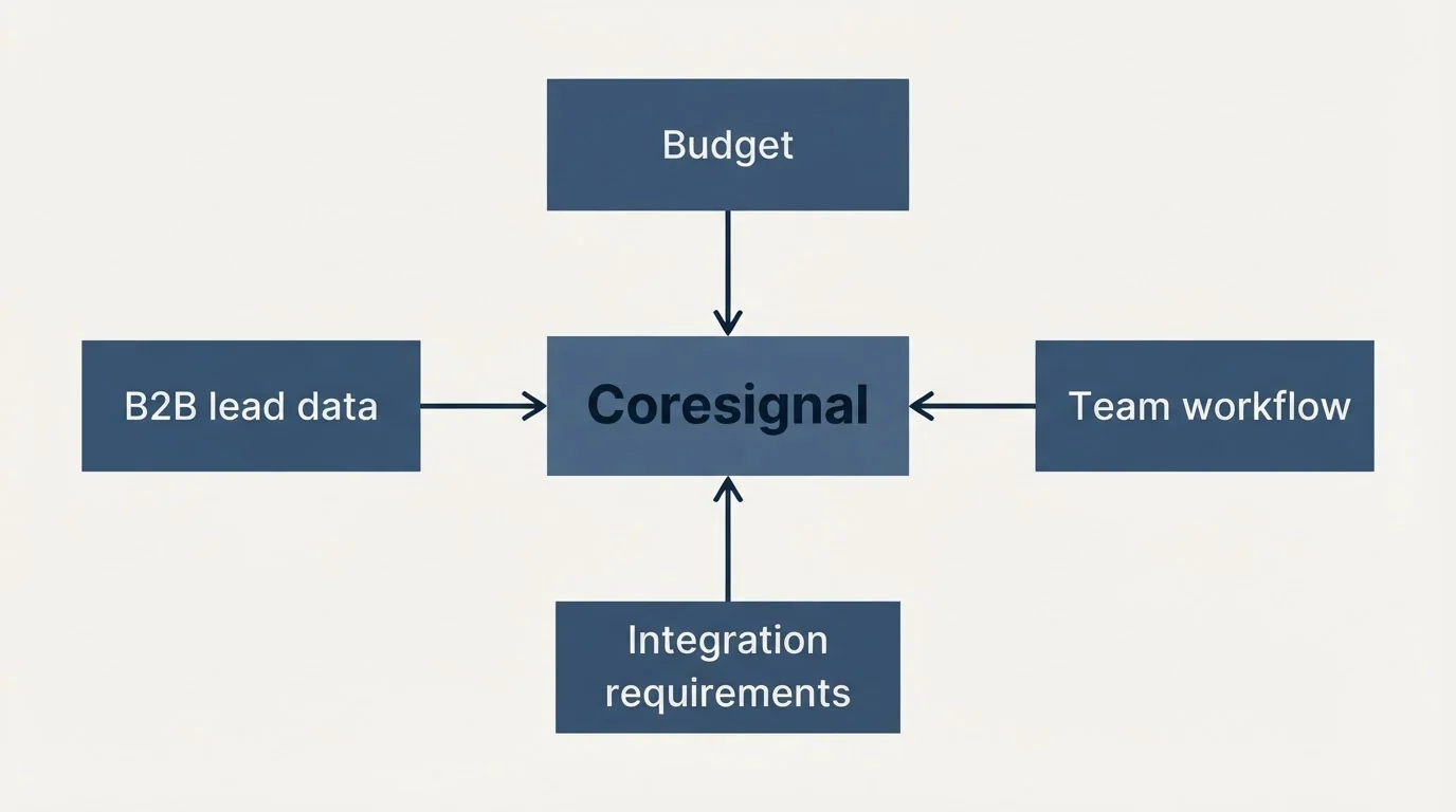 Schematic: How to Choose the Right Alternative (Coresignal, Budget, B2B lead data, Integration requirements)