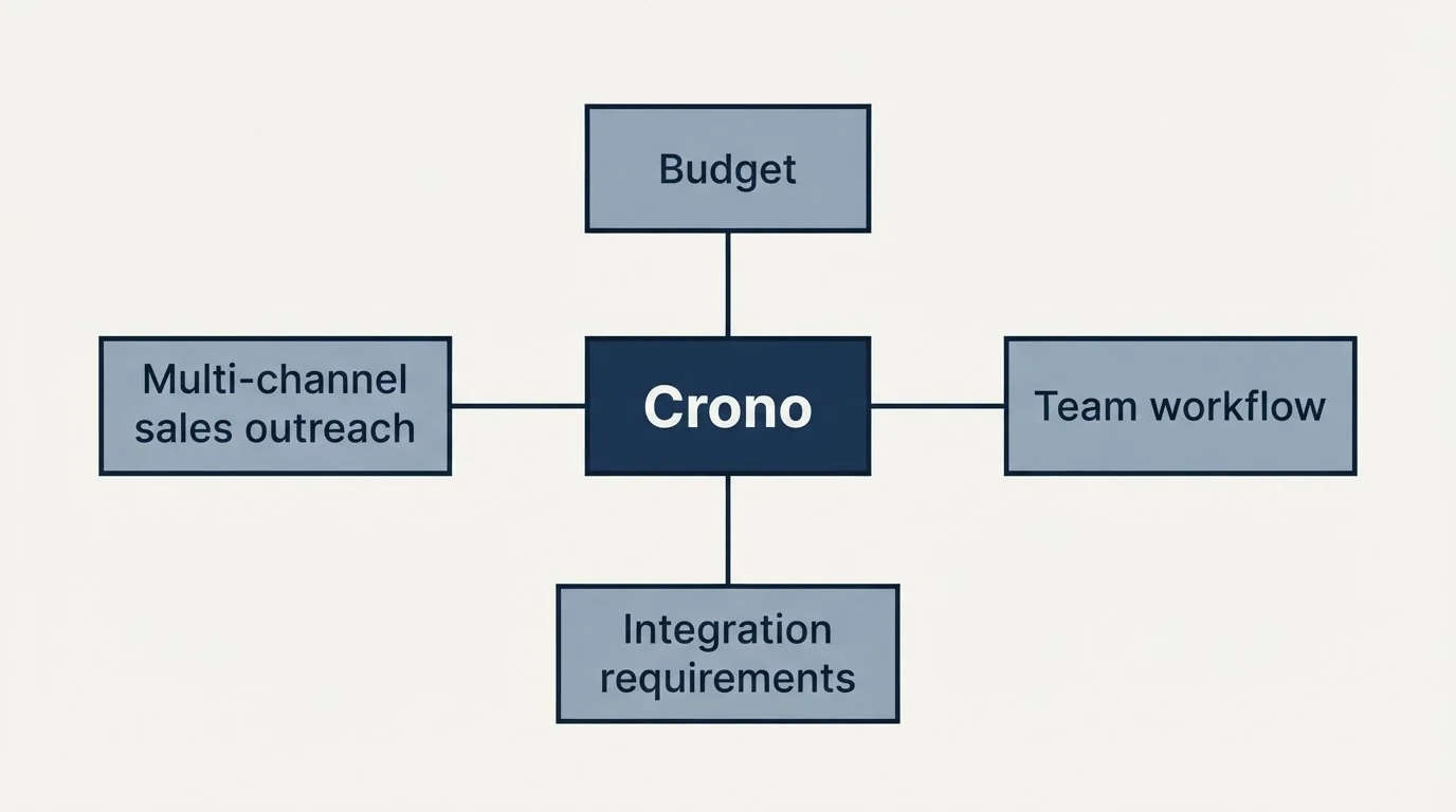 Schematic: How to Choose the Right Alternative (Crono, Budget, Multi-channel sales outreach, Integration requirements)