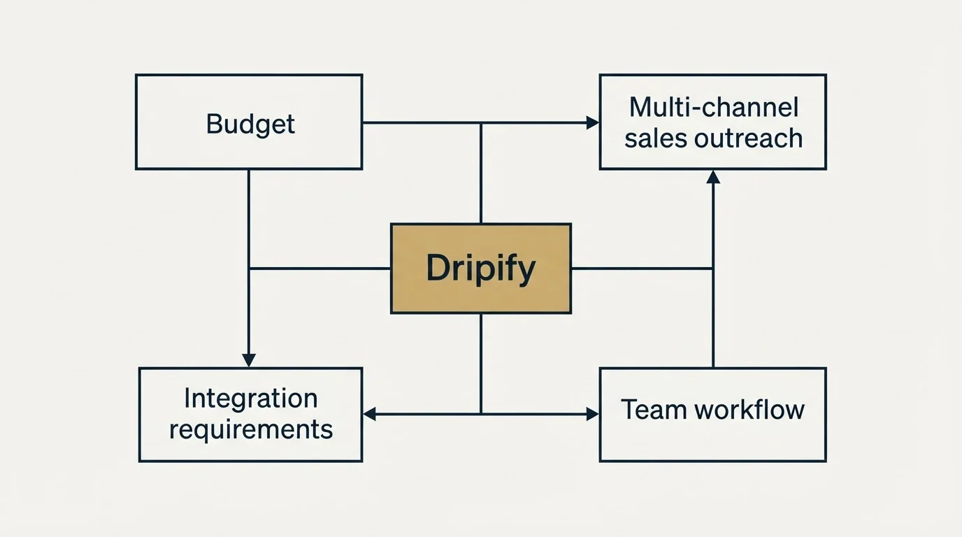 Schematic: How to Choose the Right Alternative (Dripify, Budget, Multi-channel sales outreach, Integration requirements)