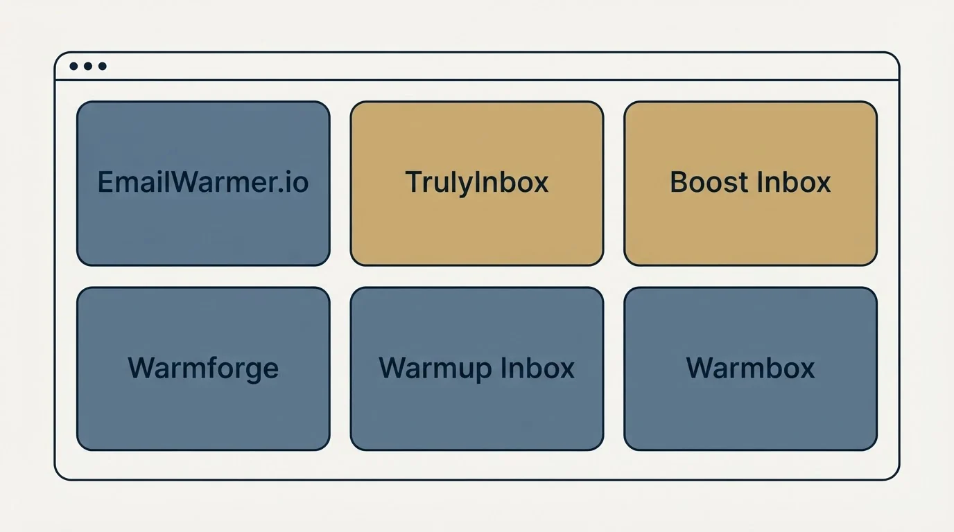 Feature grid: Top EmailWarmer.io Alternatives (EmailWarmer.io, TrulyInbox, Boost Inbox, Warmforge)