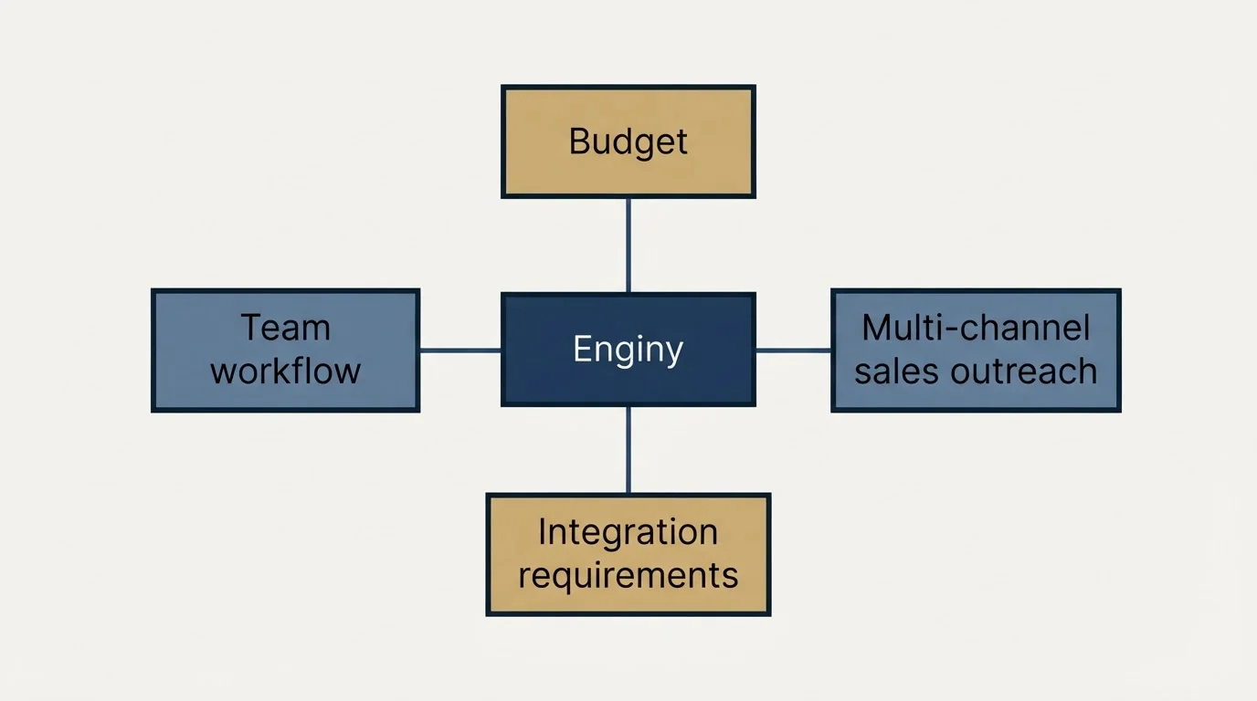 Schematic: How to Choose the Right Alternative (Enginy, Budget, Multi-channel sales outreach, Integration requirements)