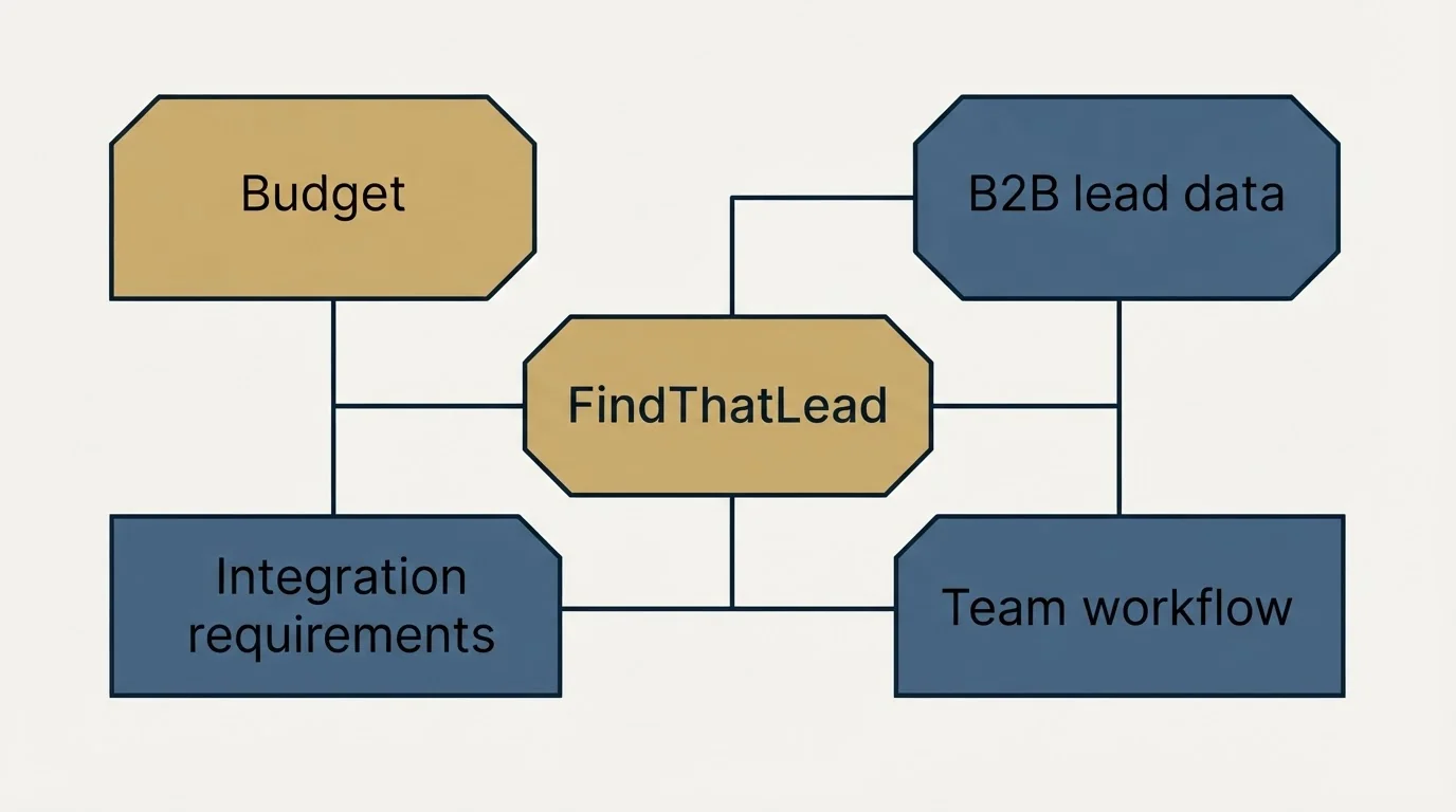 Schematic: How to Choose the Right Alternative (FindThatLead, Budget, B2B lead data, Integration requirements)