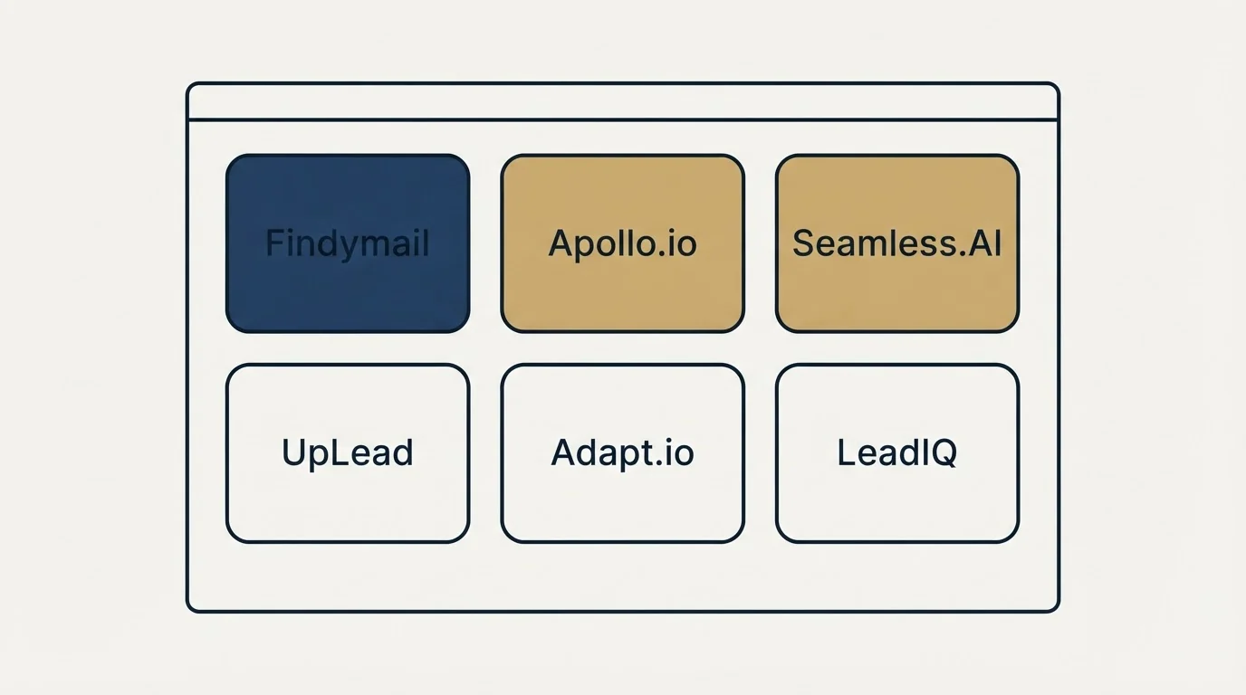 Feature grid: Top Findymail Alternatives (Findymail, Apollo.io, Seamless.AI, UpLead)