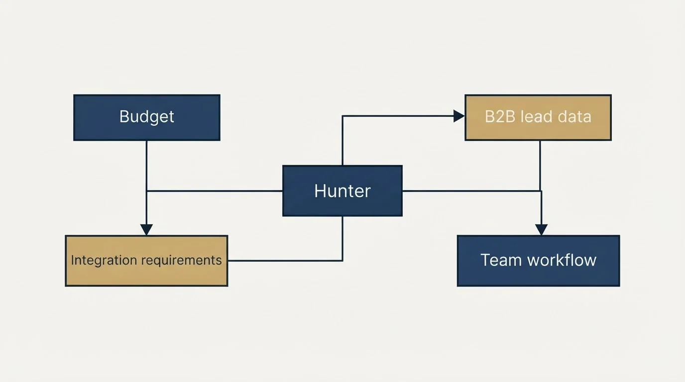 Schematic: How to Choose the Right Alternative (Hunter, Budget, B2B lead data, Integration requirements)