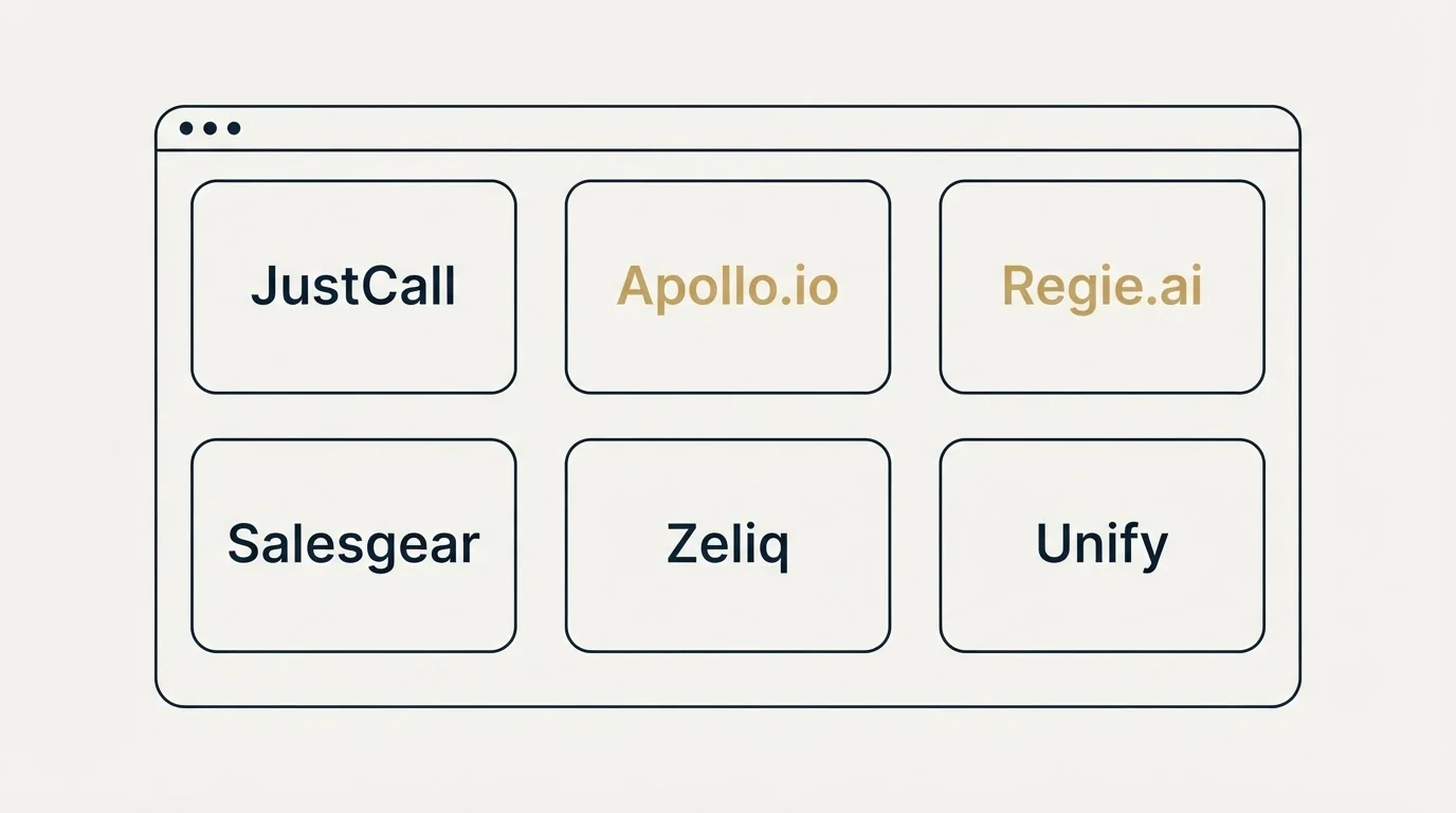 Feature grid: Top JustCall Alternatives (JustCall, Apollo.io, Regie.ai, Salesgear)