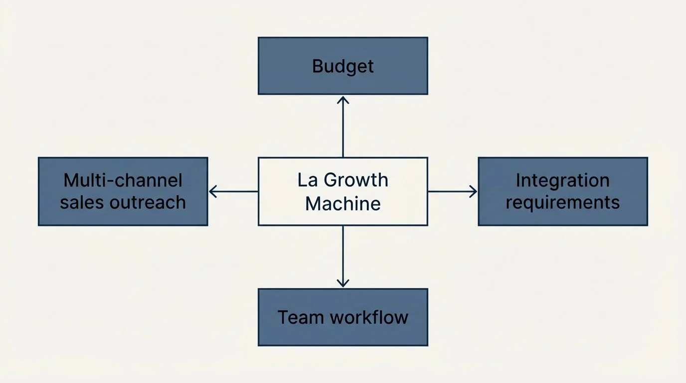 Schematic: How to Choose the Right Alternative (La Growth Machine, Budget, Multi-channel sales outreach, Integration requirements)
