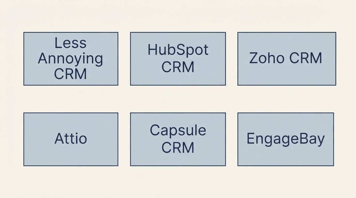 Schematic: Top Less Annoying CRM Alternatives (Less Annoying CRM, HubSpot CRM, Zoho CRM, Attio)