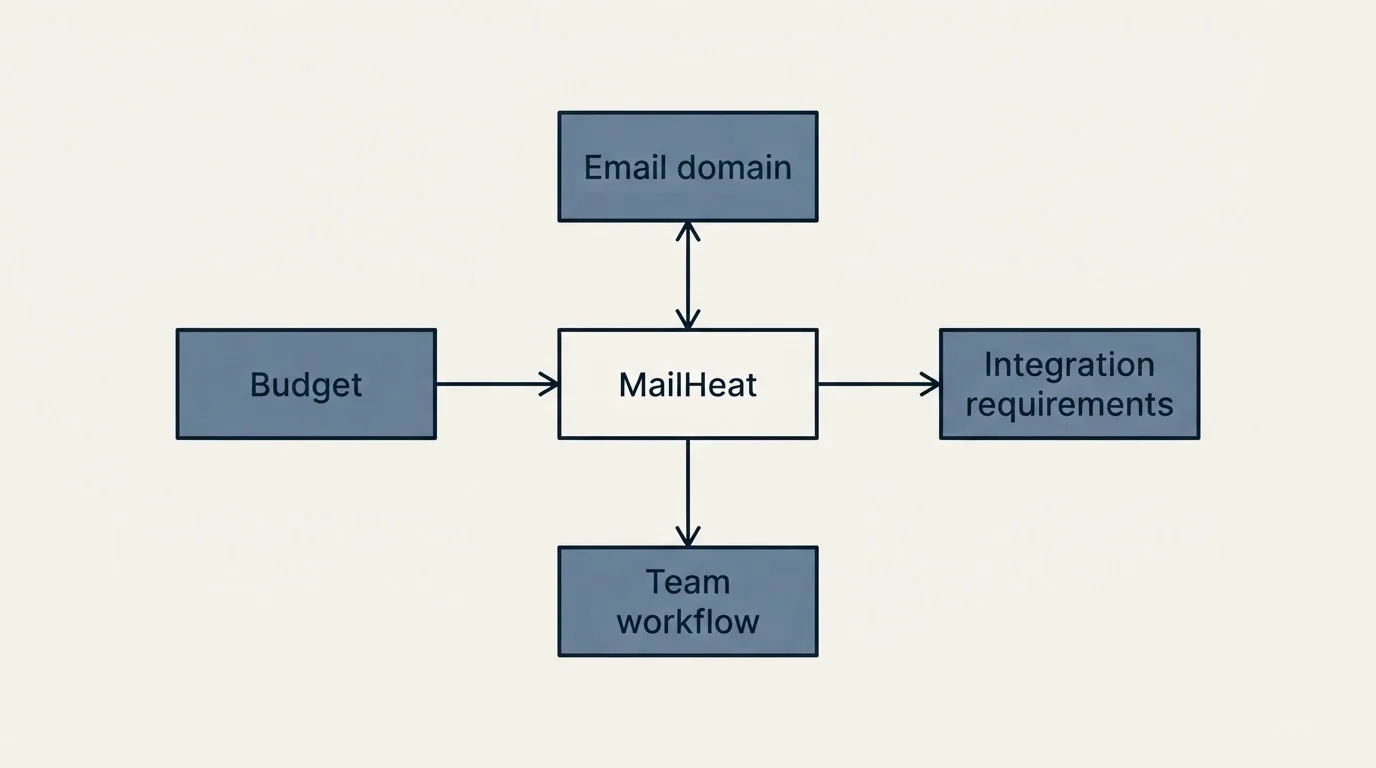 Schematic: How to Choose the Right Alternative (MailHeat, Budget, Email domain, Integration requirements)