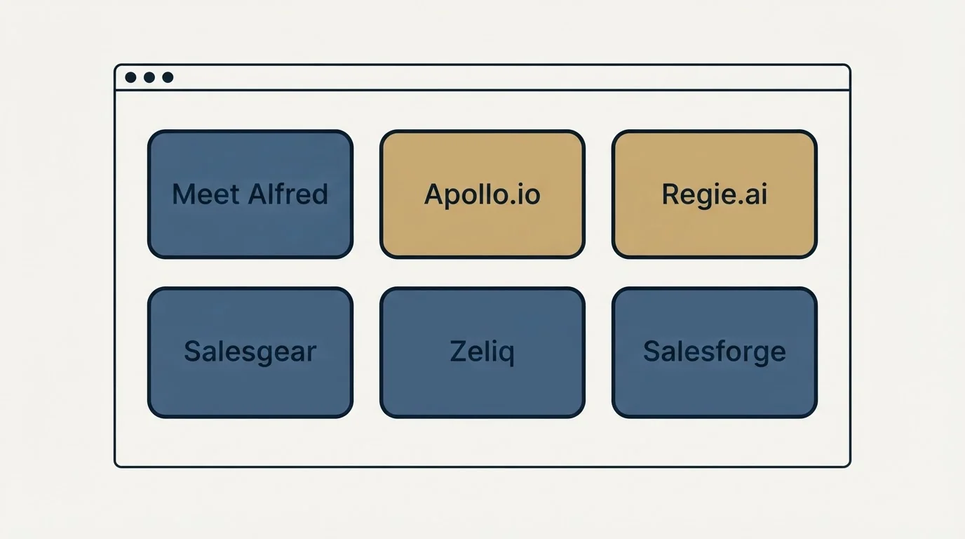 Feature grid: Top Meet Alfred Alternatives (Meet Alfred, Apollo.io, Regie.ai, Salesgear)
