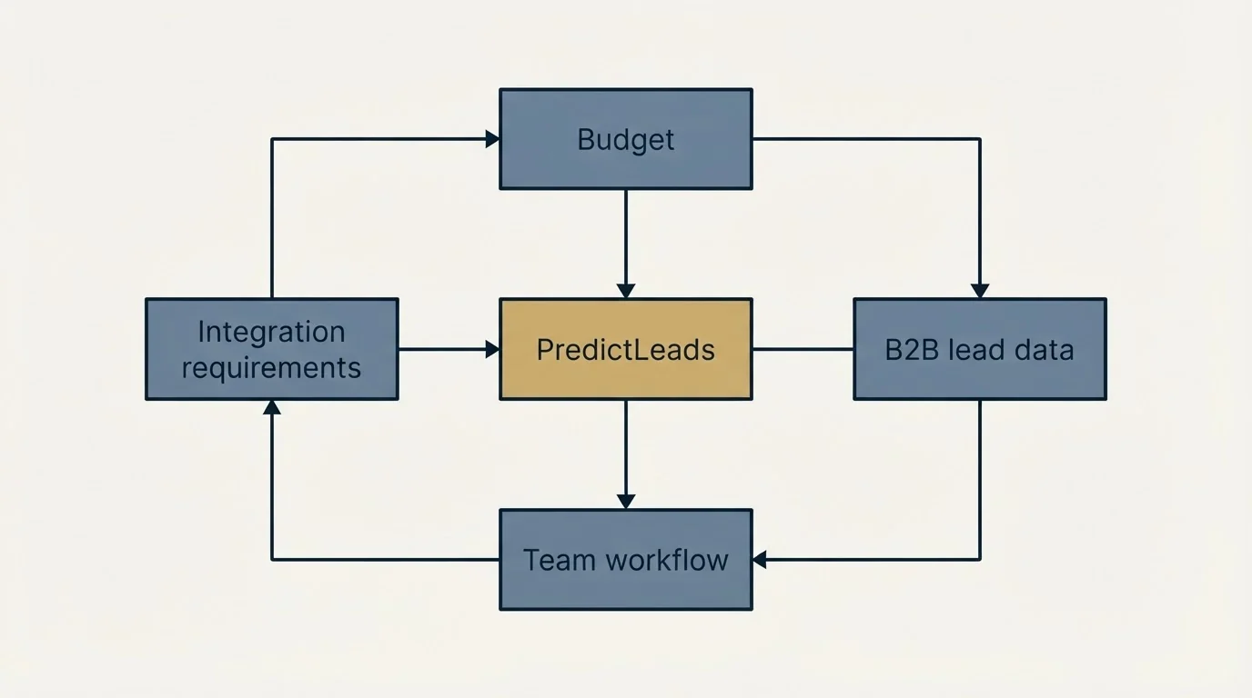 Schematic: How to Choose the Right Alternative (PredictLeads, Budget, B2B lead data, Integration requirements)