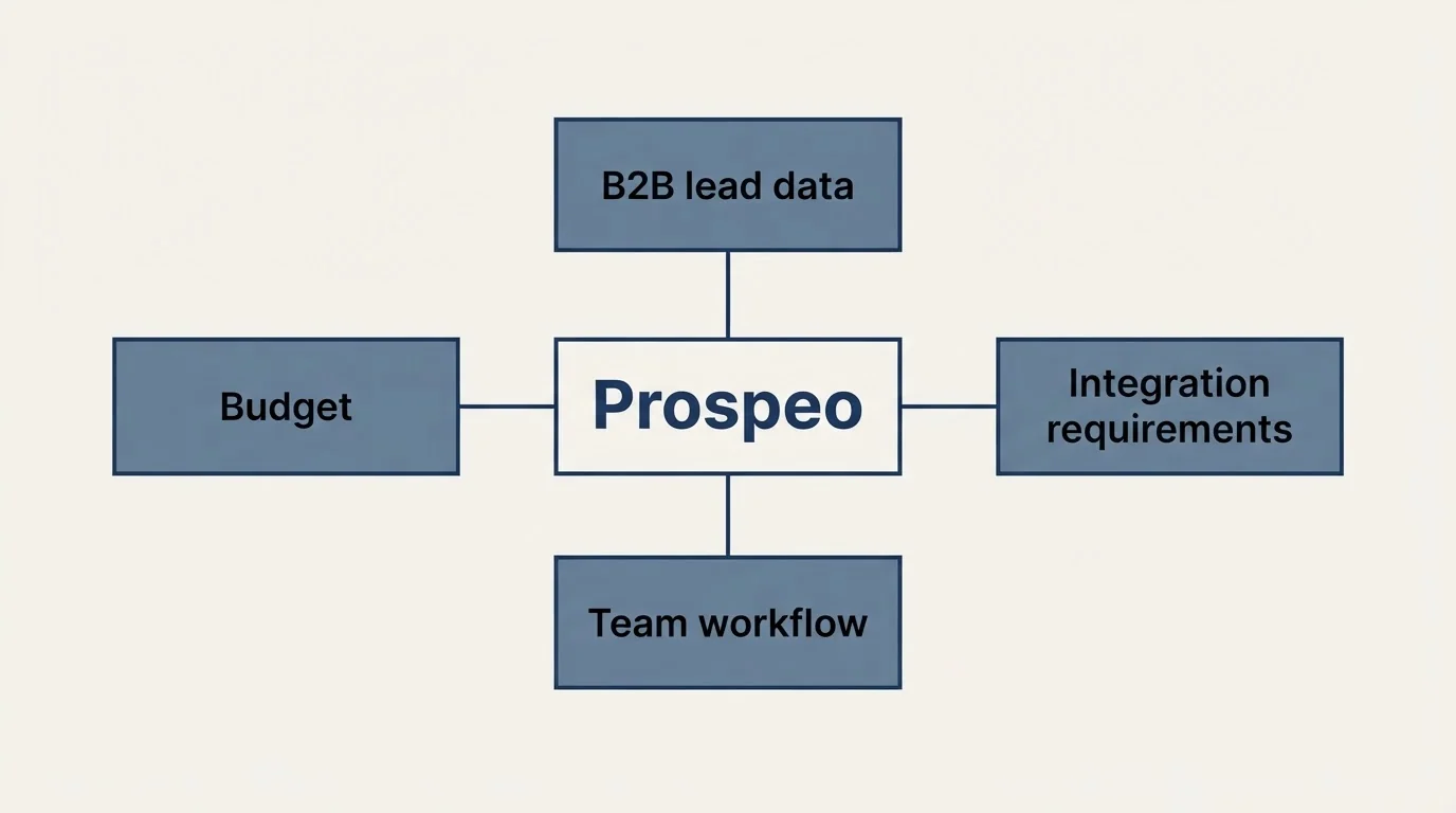 Schematic: How to Choose the Right Alternative (Prospeo, Budget, B2B lead data, Integration requirements)