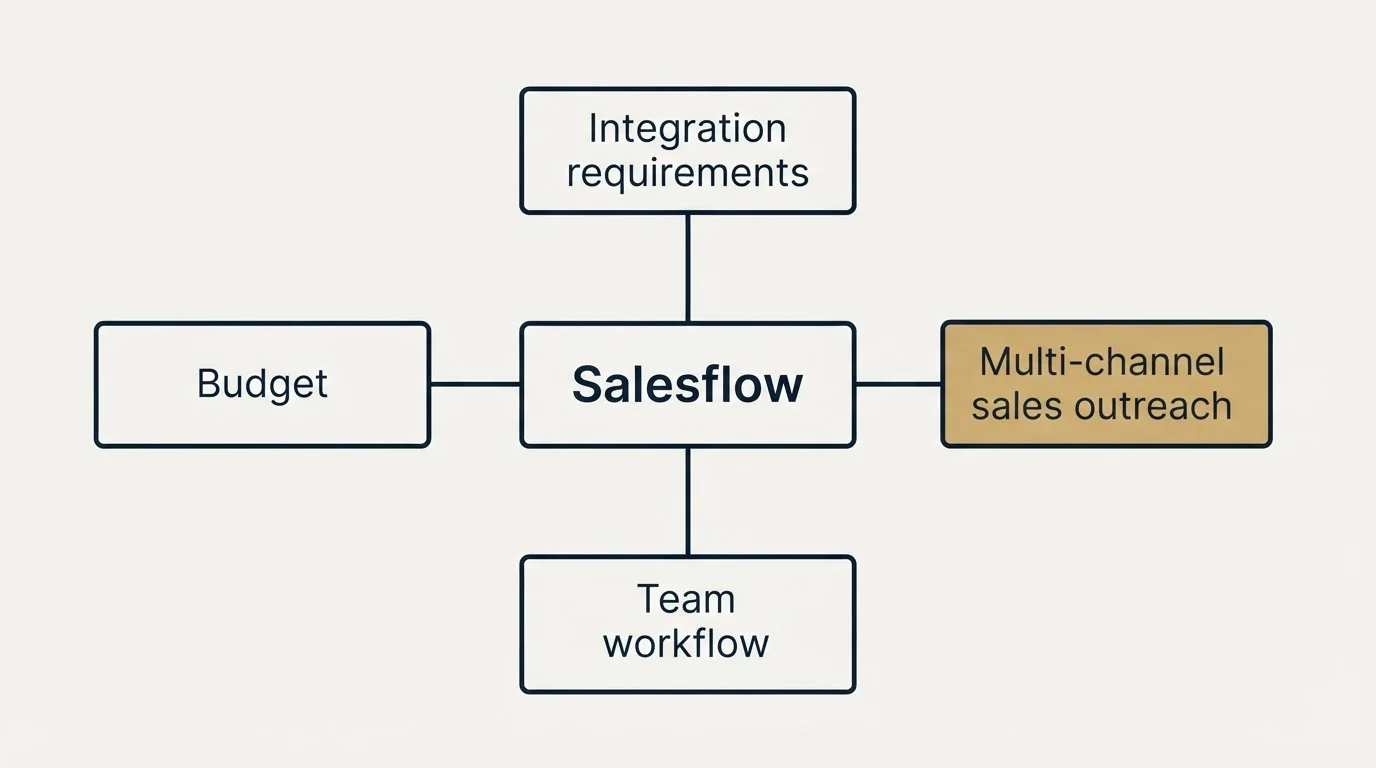 Schematic: How to Choose the Right Alternative (Salesflow, Budget, Multi-channel sales outreach, Integration requirements)