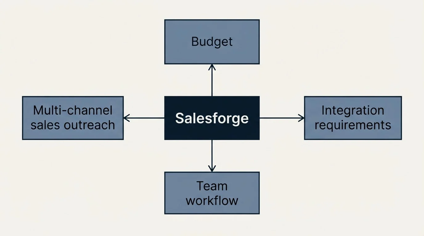 Schematic: How to Choose the Right Alternative (Salesforge, Budget, Multi-channel sales outreach, Integration requirements)