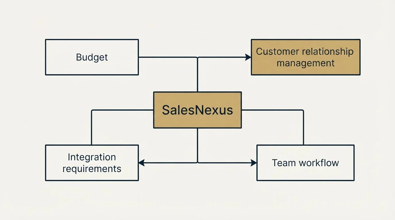 Schematic: How to Choose the Right Alternative (SalesNexus, Budget, Customer relationship management, Integration requirements)
