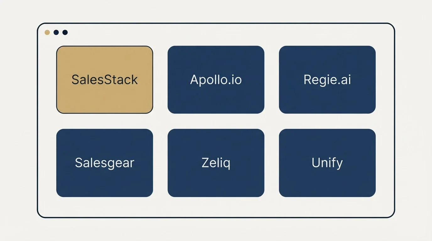 Feature grid: Top SalesStack Alternatives (SalesStack, Apollo.io, Regie.ai, Salesgear)