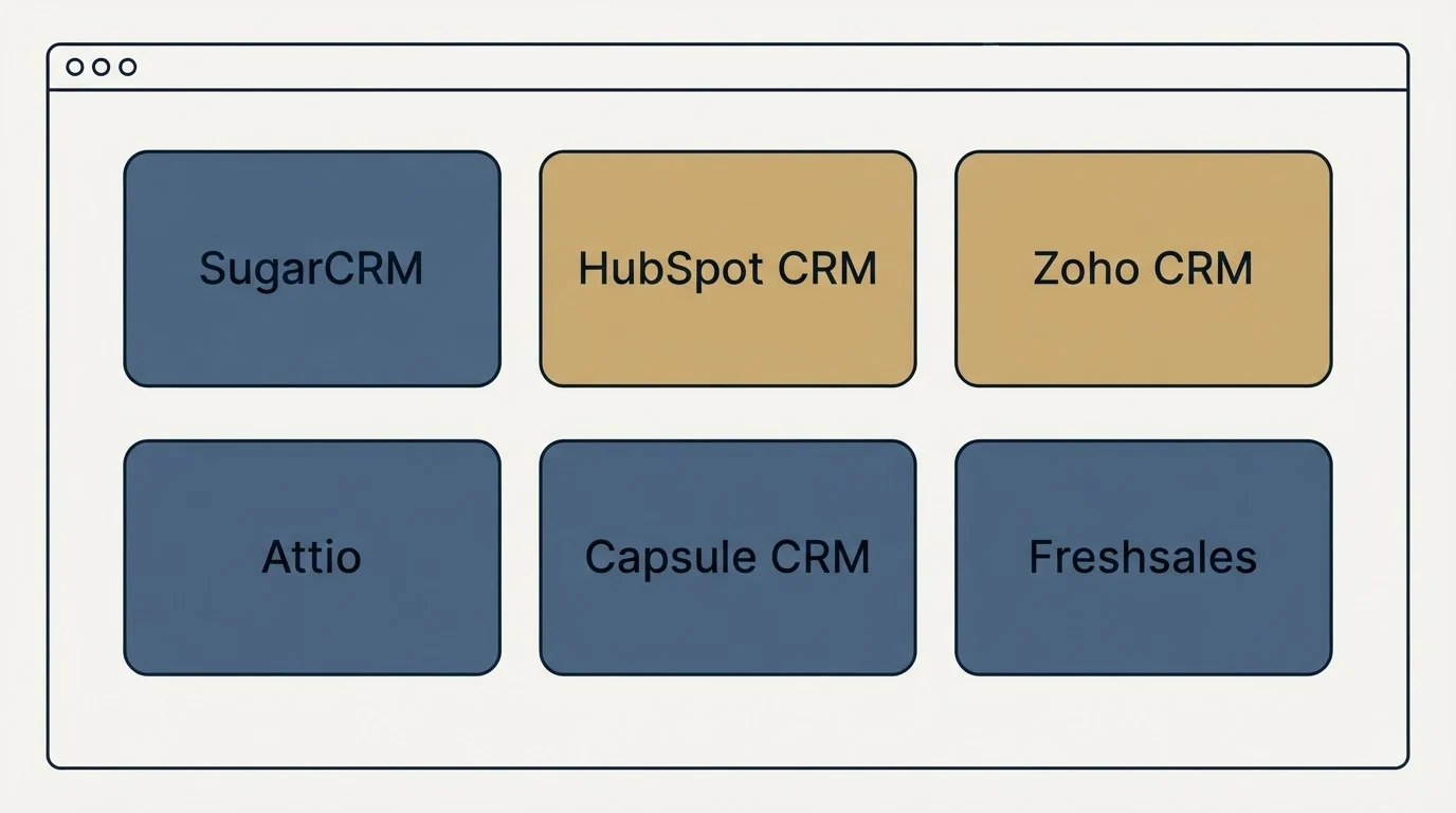Feature grid: Top SugarCRM Alternatives (SugarCRM, HubSpot CRM, Zoho CRM, Attio)